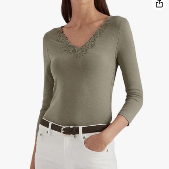 LAUREN RALPH LAUREN Petite Lace-Trimmed V-Neck Top - Picture 2 of 4